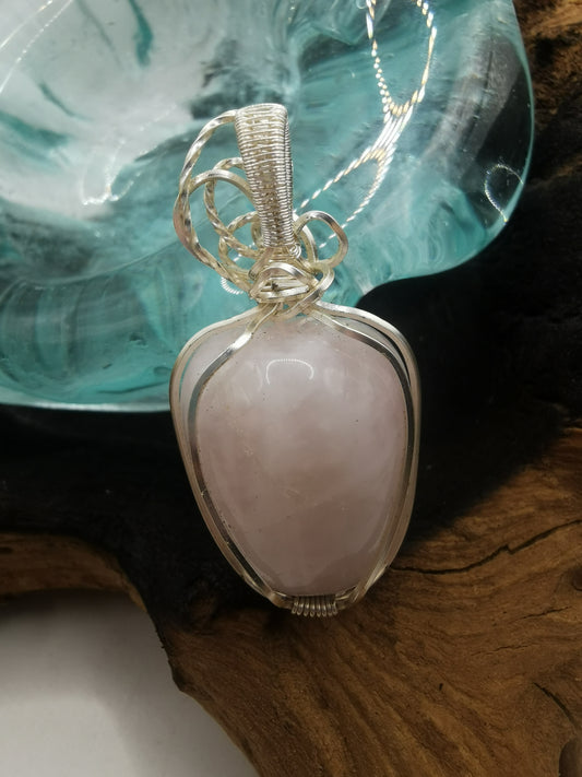 Silver Wire Wrapped Rose Quartz Crystal Pendant
