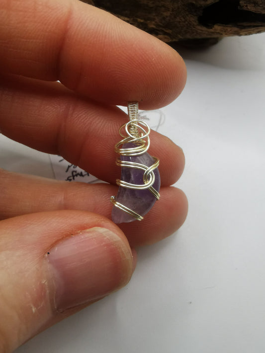 Silver Wire Wrapped Mini Amethyst Moon Crystal Pendant