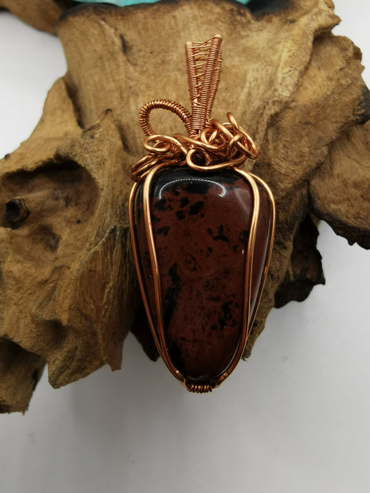 Copper Wire Wrapped Mahogany Obsidian Crystal Pendant