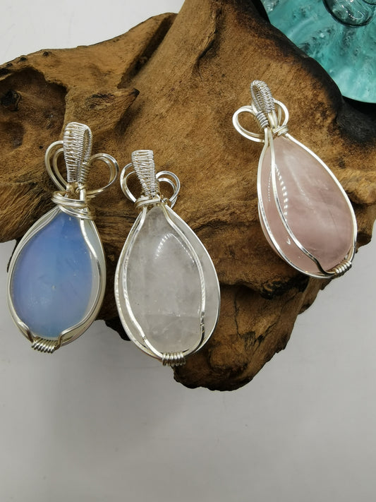 Silver Wire Wrapped Tear Drop Crystal Pendant