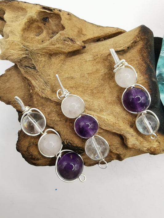 Silver Wire Wrapped Triple Love Crystal Pendants