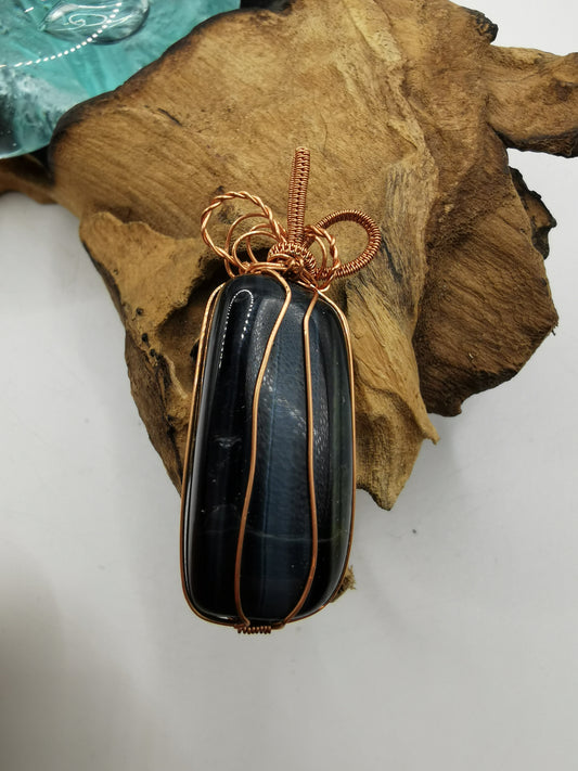 Copper Wire Wrapped Blue Tiger's Eye Crystal Pendant