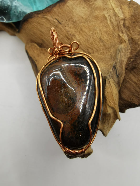 Copper Wire Wrapped Blue Tiger's Eye Crystal Pendant