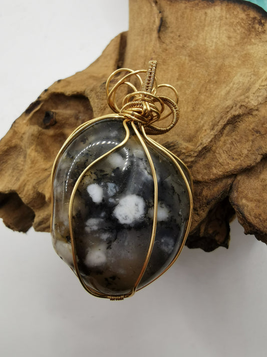 Gold Wire Wrapped Dendrite Opal Crystal Pendant