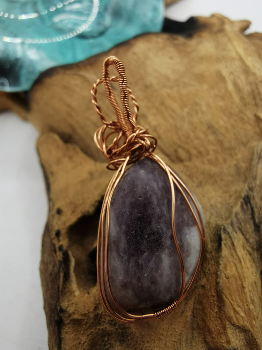 Copper Wire Wrapped Lepidolite Crystal Pendant