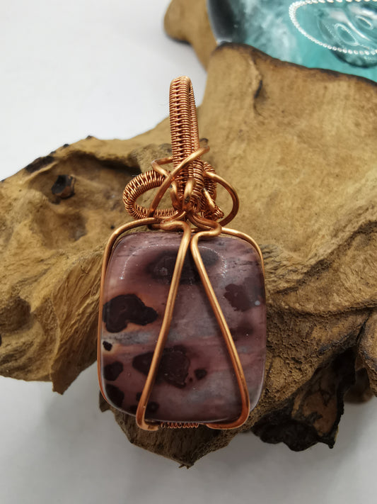 Copper Wire Wrapped Wood Jasper Crystal Pendant