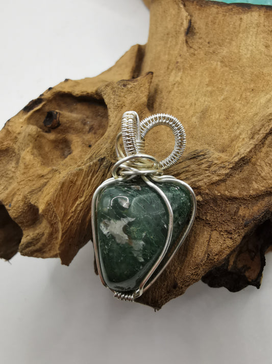 Silver Wire Wrapped Moss Agate Crystal Pendant