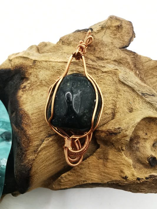 Copper Wire Wrapped Moss Agate Crystal Pendant