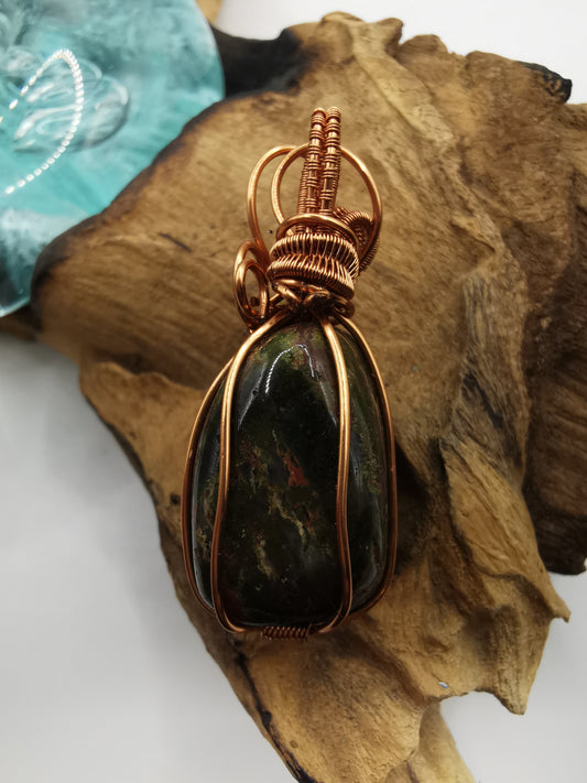 Copper Wire Wrapped Unakite Crystal Pendant