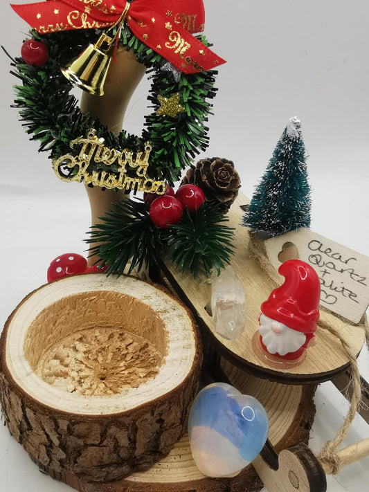 Driftwood Candle Holder with Wooden Sleigh, Clear Quartz Point & Opalite Heart