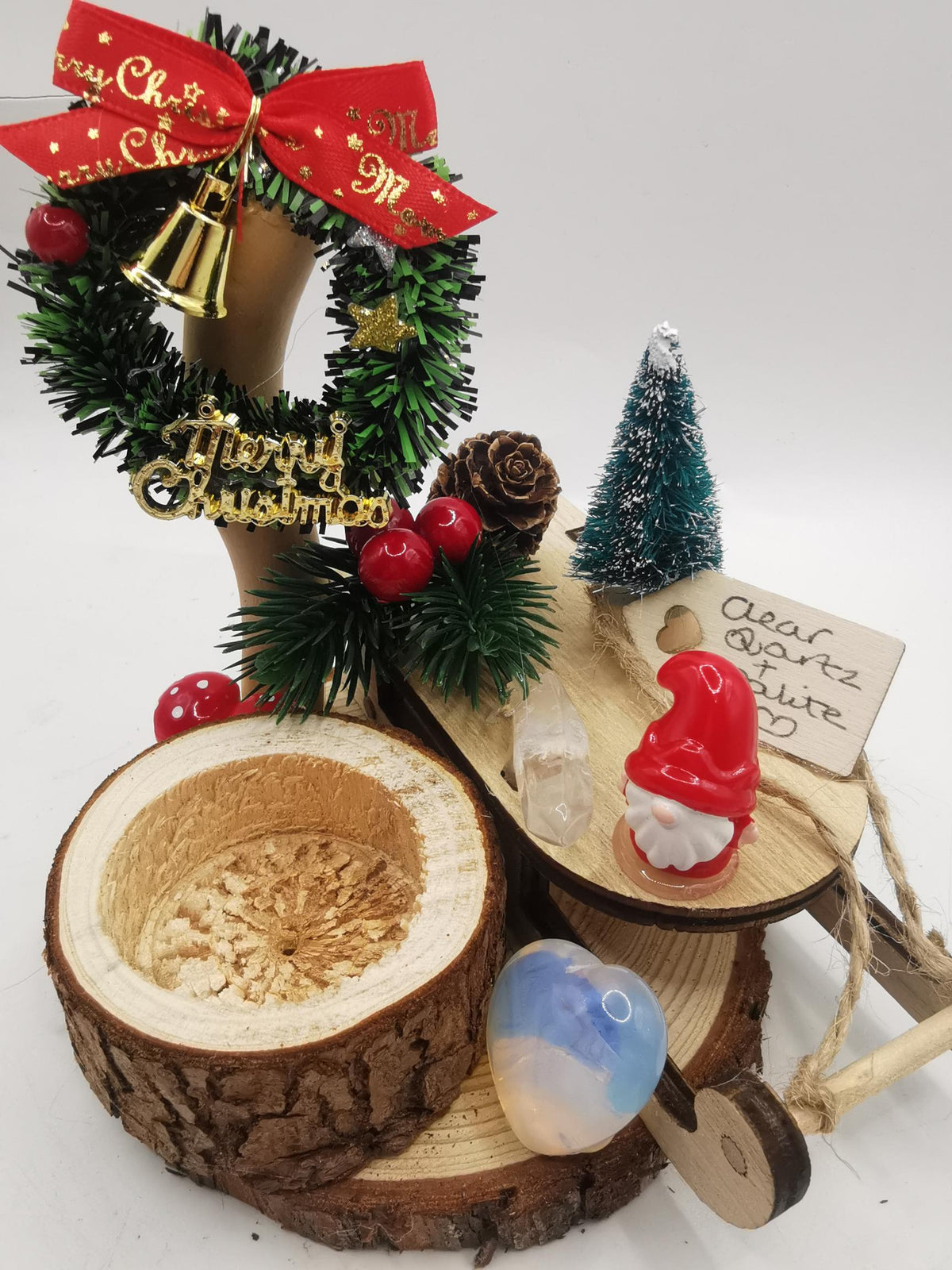 Driftwood Candle Holder with Wooden Sleigh, Clear Quartz Point & Opalite Heart
