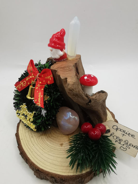 Driftwood Ornament with Opalite Point & Rose Quartz Aura Heart