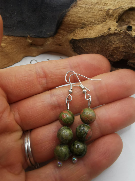 Unakite Triple Bead Earrings
