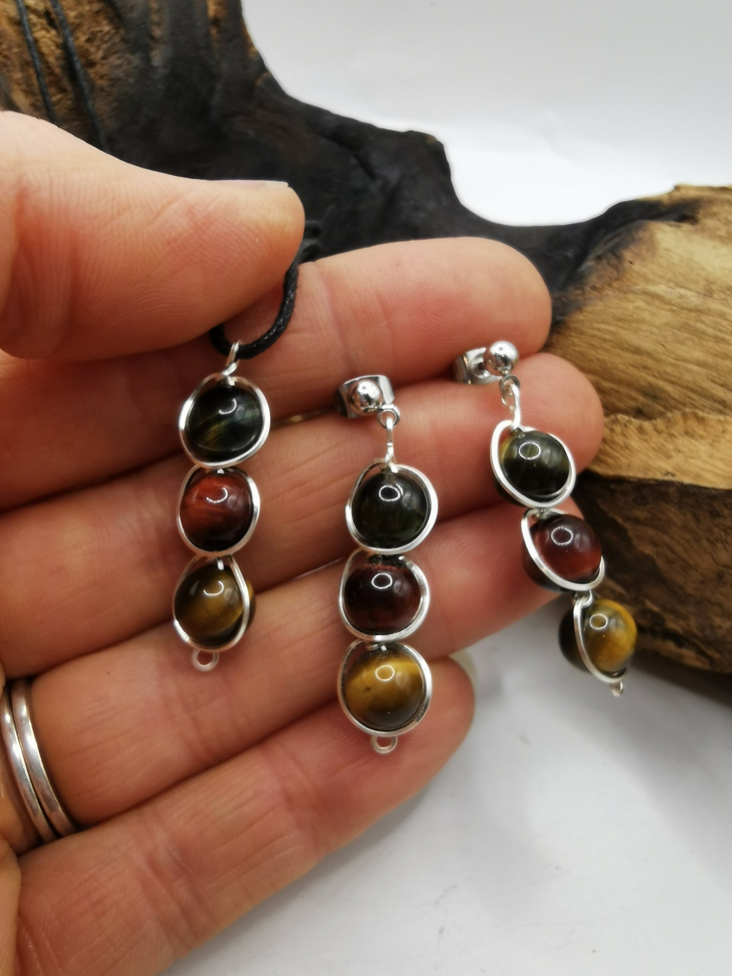Triple Tiger's Eye Crystal Pendant & Earring Set