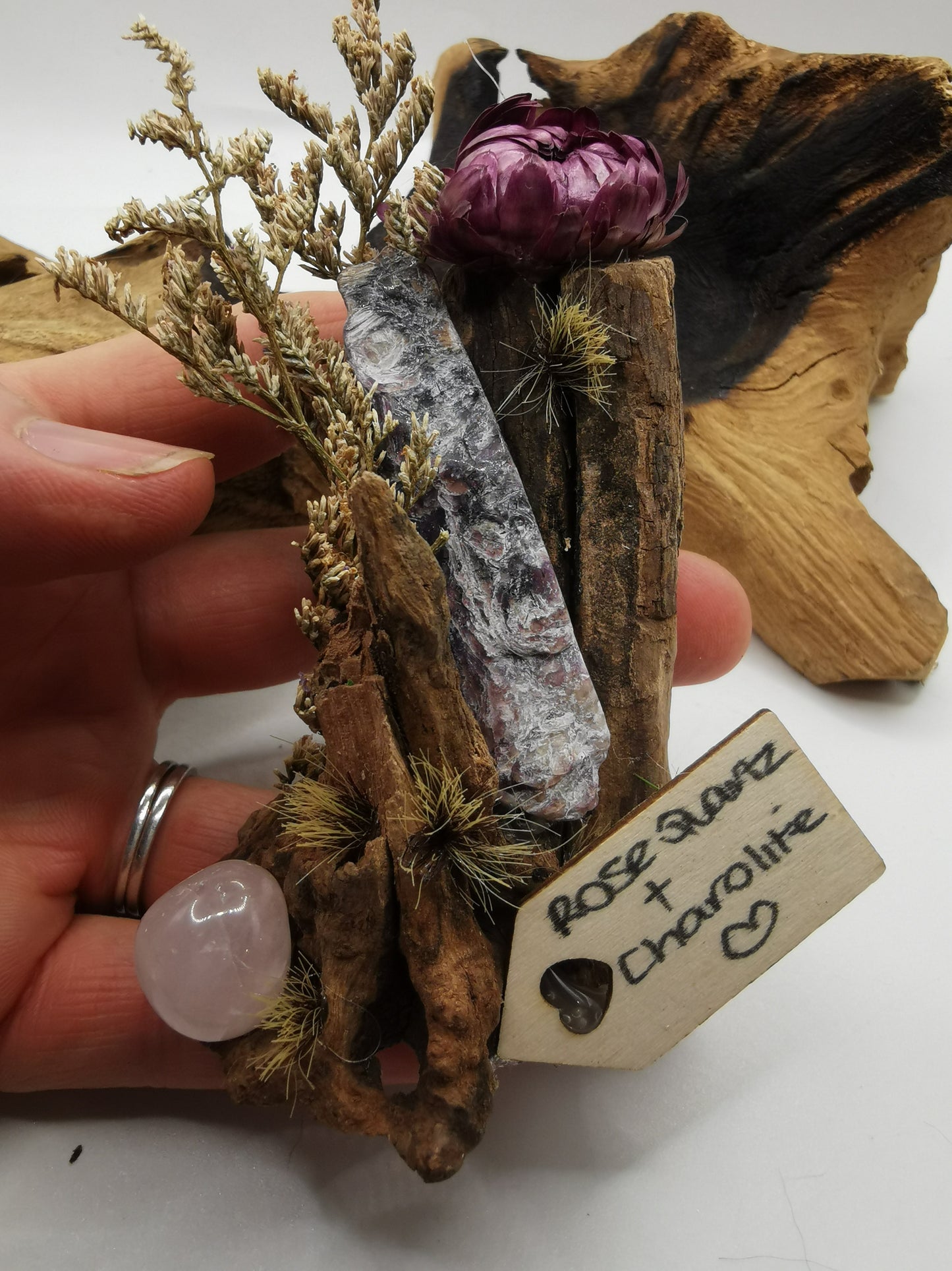 Rose Quartz & Charolite Crystal Driftwood Ornament