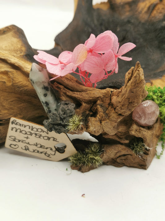Rainbow Moonstone Point & Strawberry Quartz Crystal Driftwood Ornament