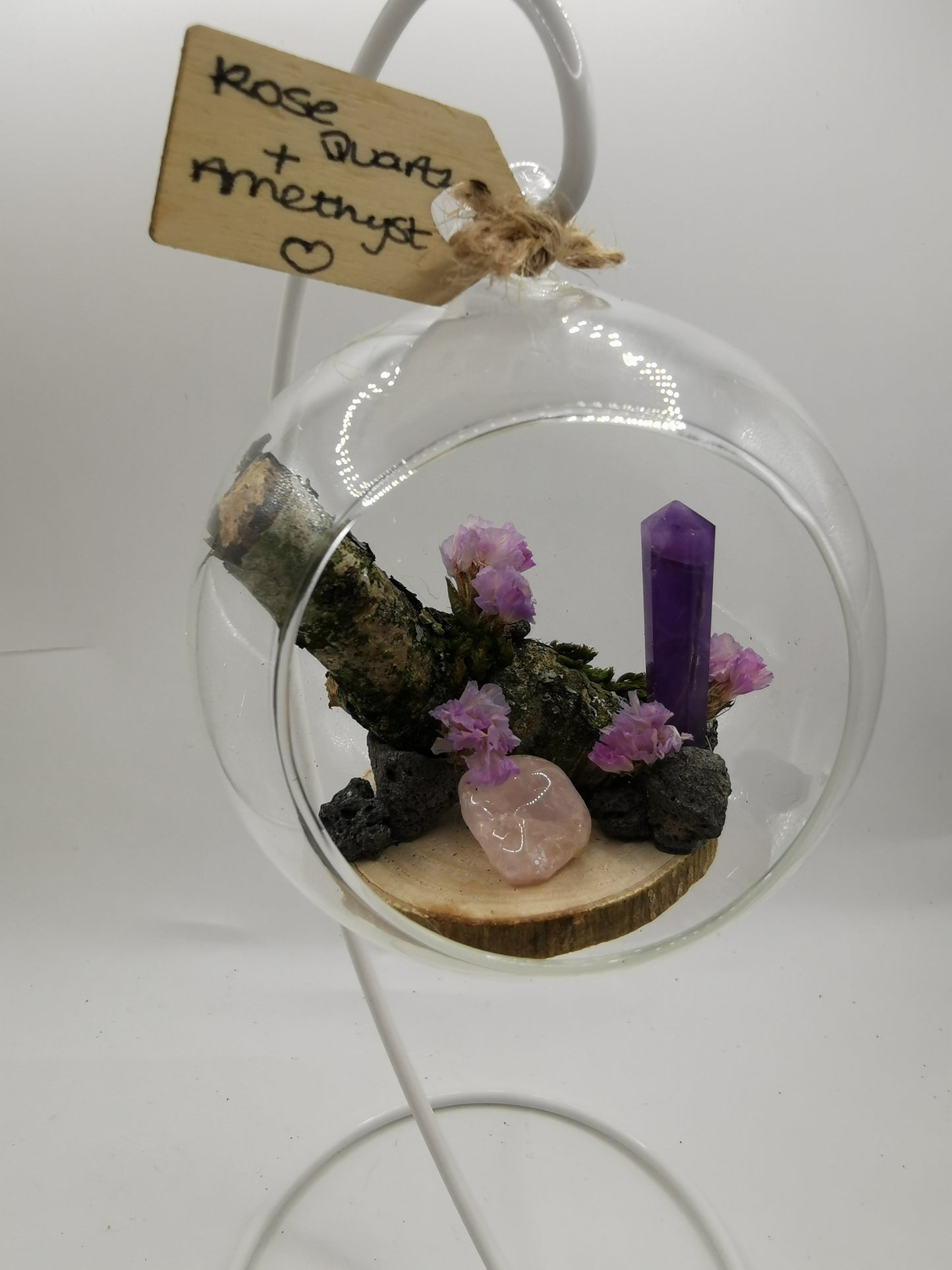 Rose Quartz & Amethyst Crystal Hanging Terrarium