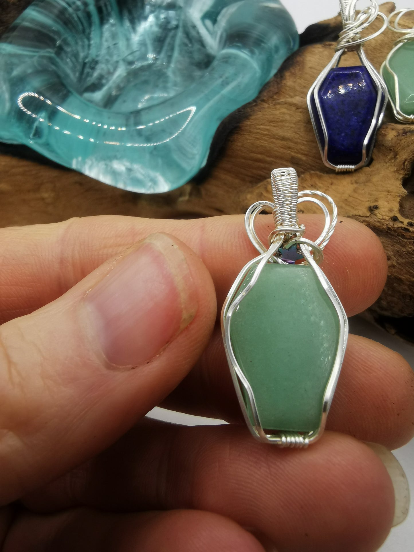 Silver Wire Wrapped Crystal Coffin Pendants