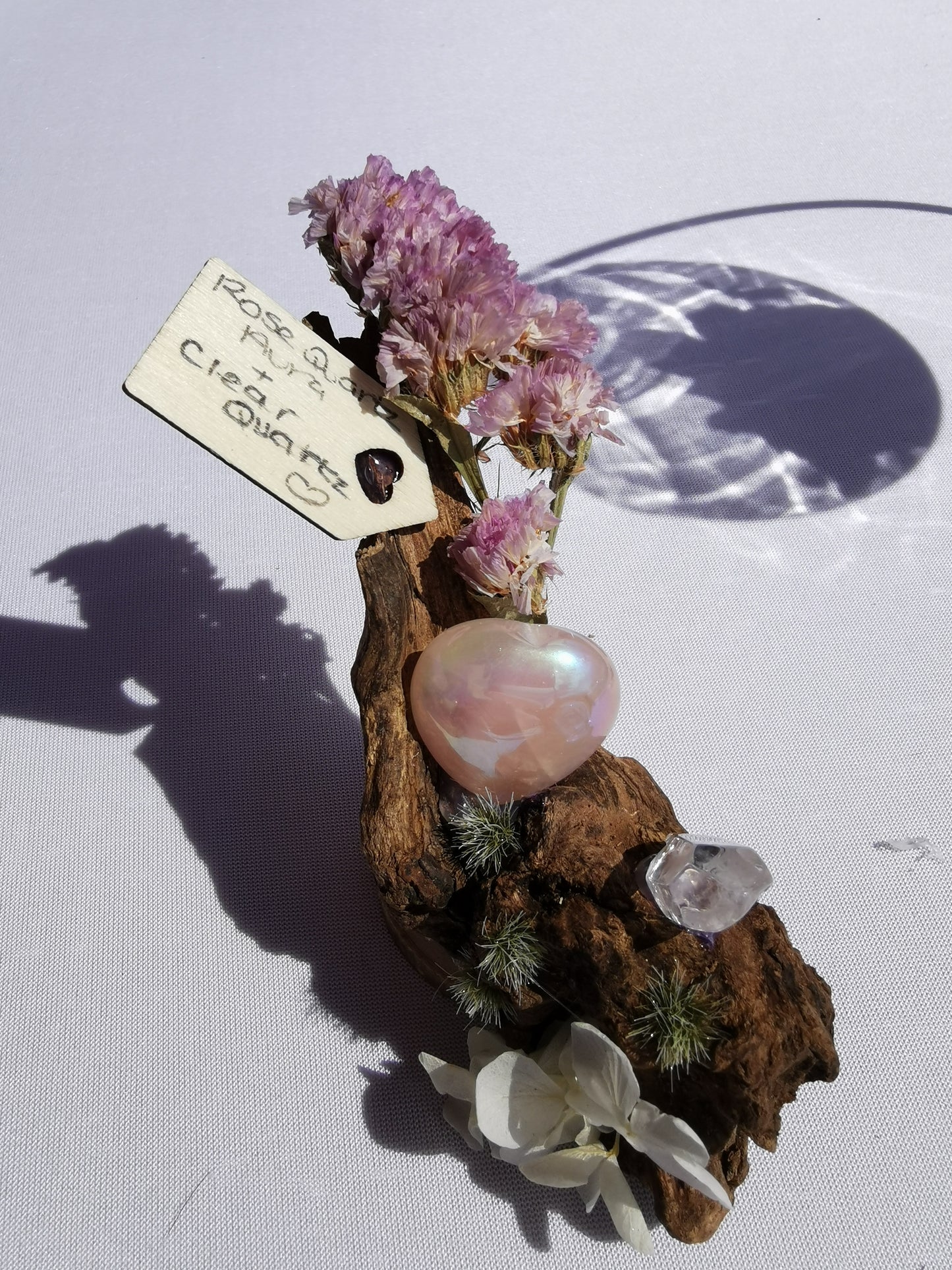 Rose Quartz Aura & Clear Quartz Crystal Driftwood Ornament