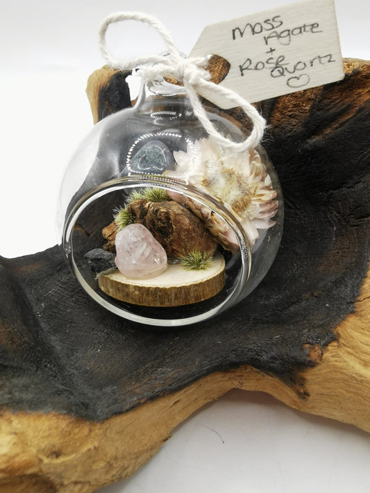 Moss Agate & Rose Quartz Crystal Hanging Terrarium