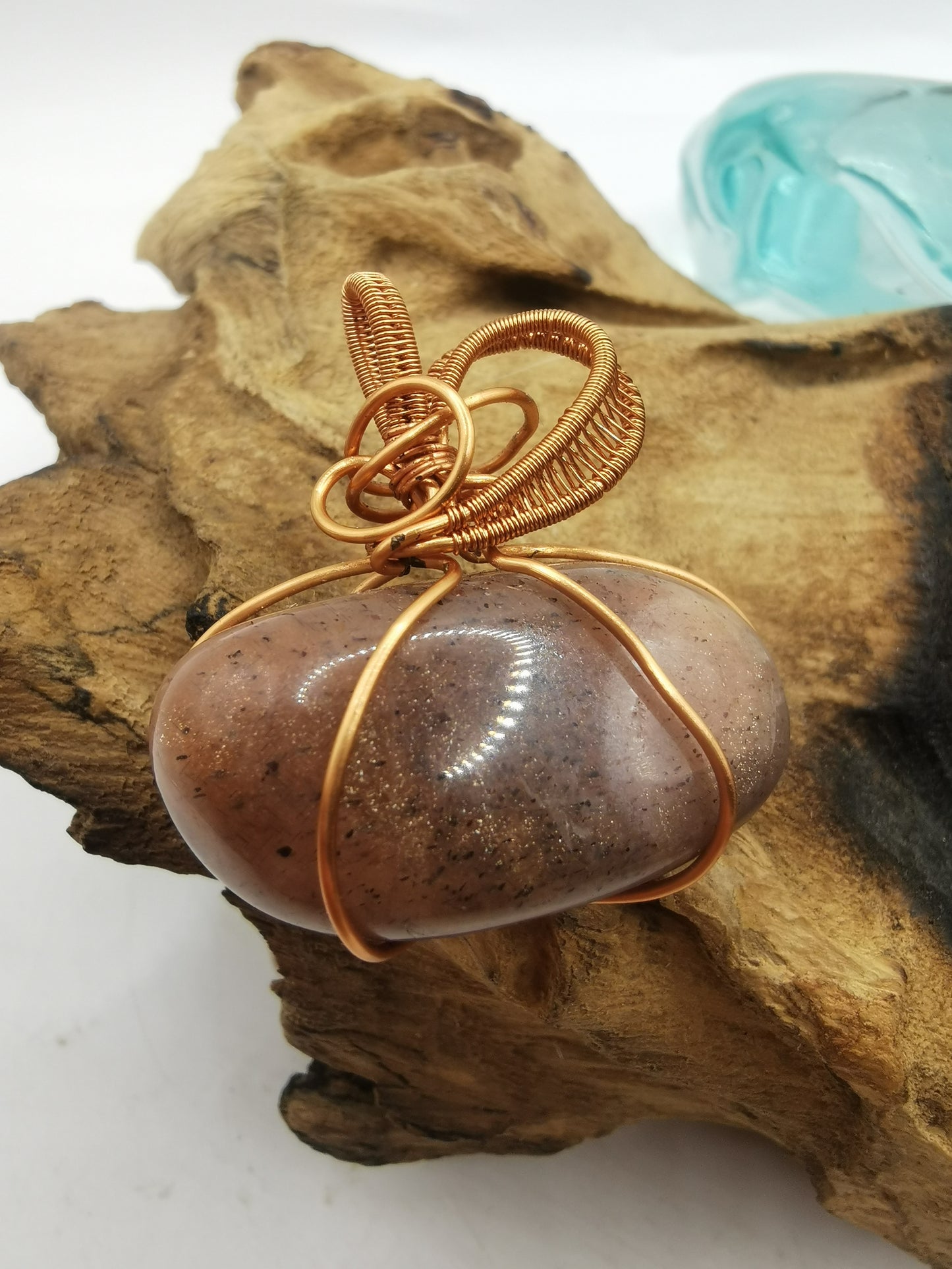 Copper Wire Wrapped Peach Moonstone Pendant