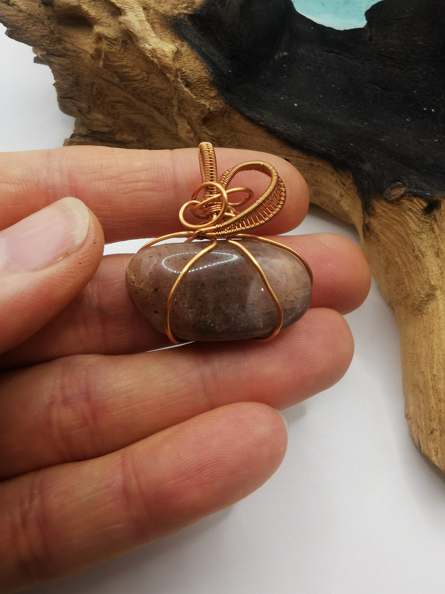 Copper Wire Wrapped Peach Moonstone Pendant