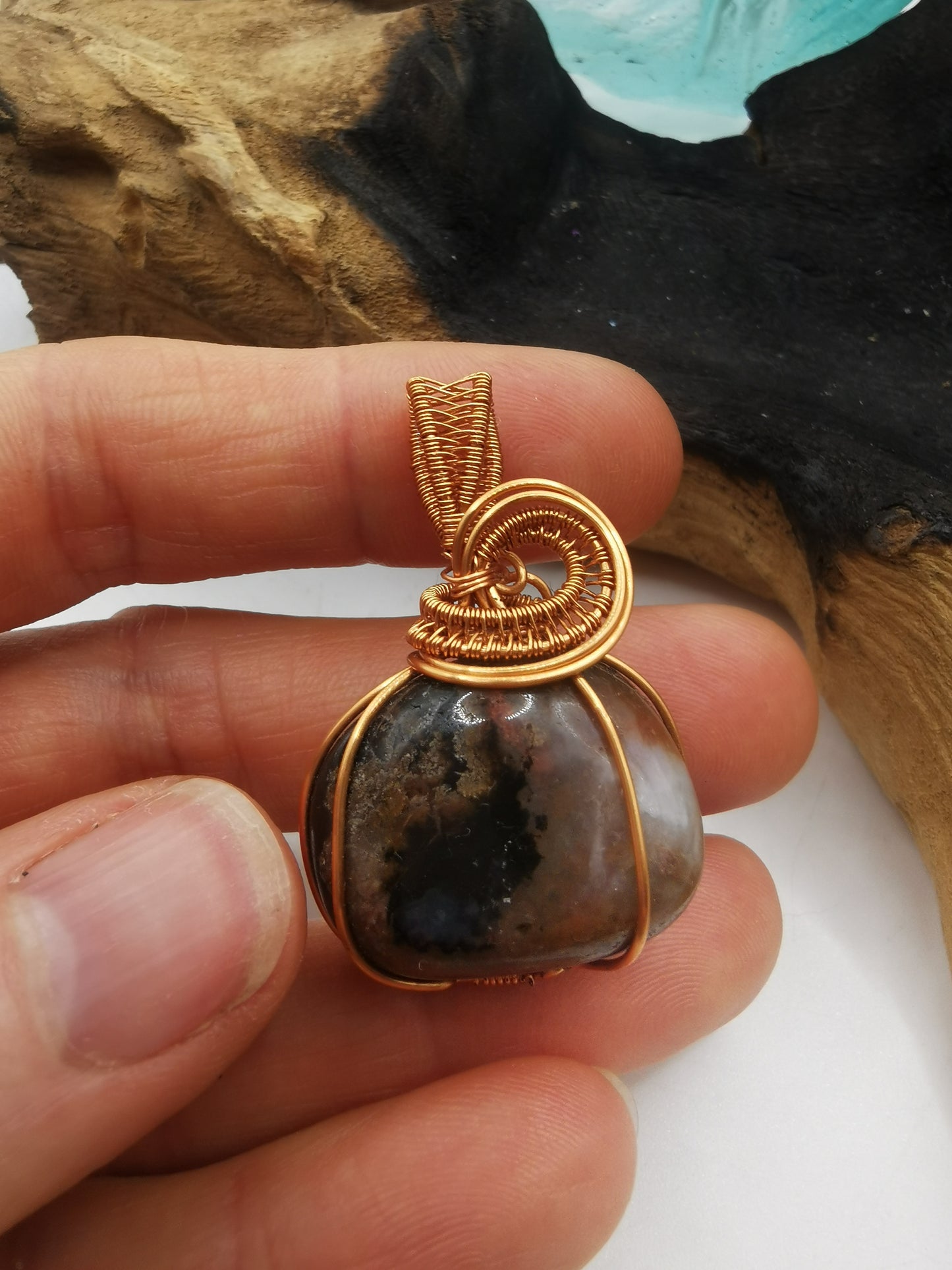 Copper Wire Wrapped Agate Crystal Pendant