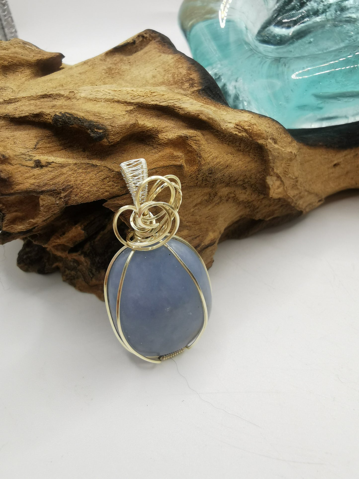 Silver Wire Wrapped Angelite Crystal Pendant