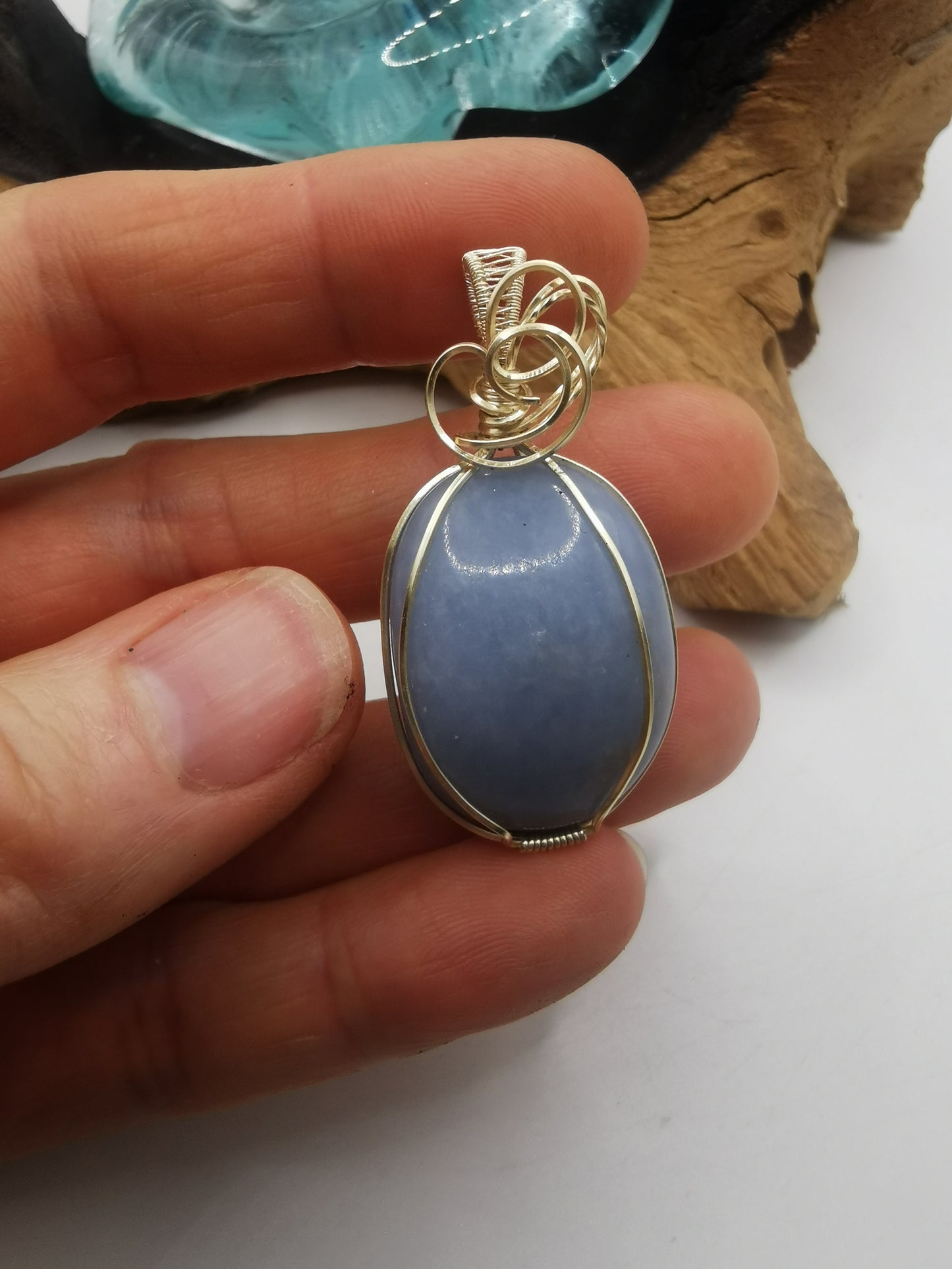 Silver Wire Wrapped Angelite Crystal Pendant