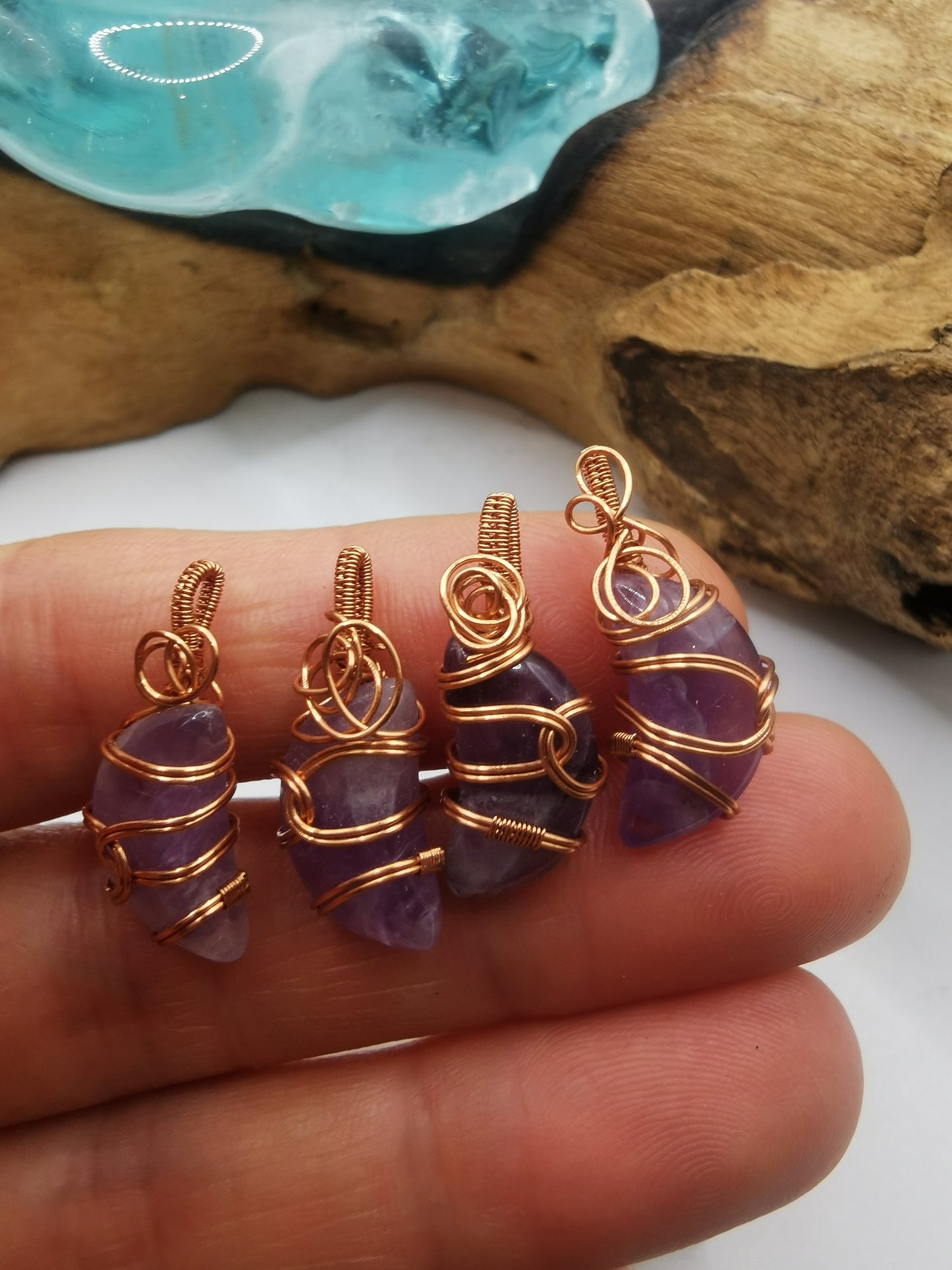 Copper Wire Wrapped Mini Amethyst Moon Crystal Pendant