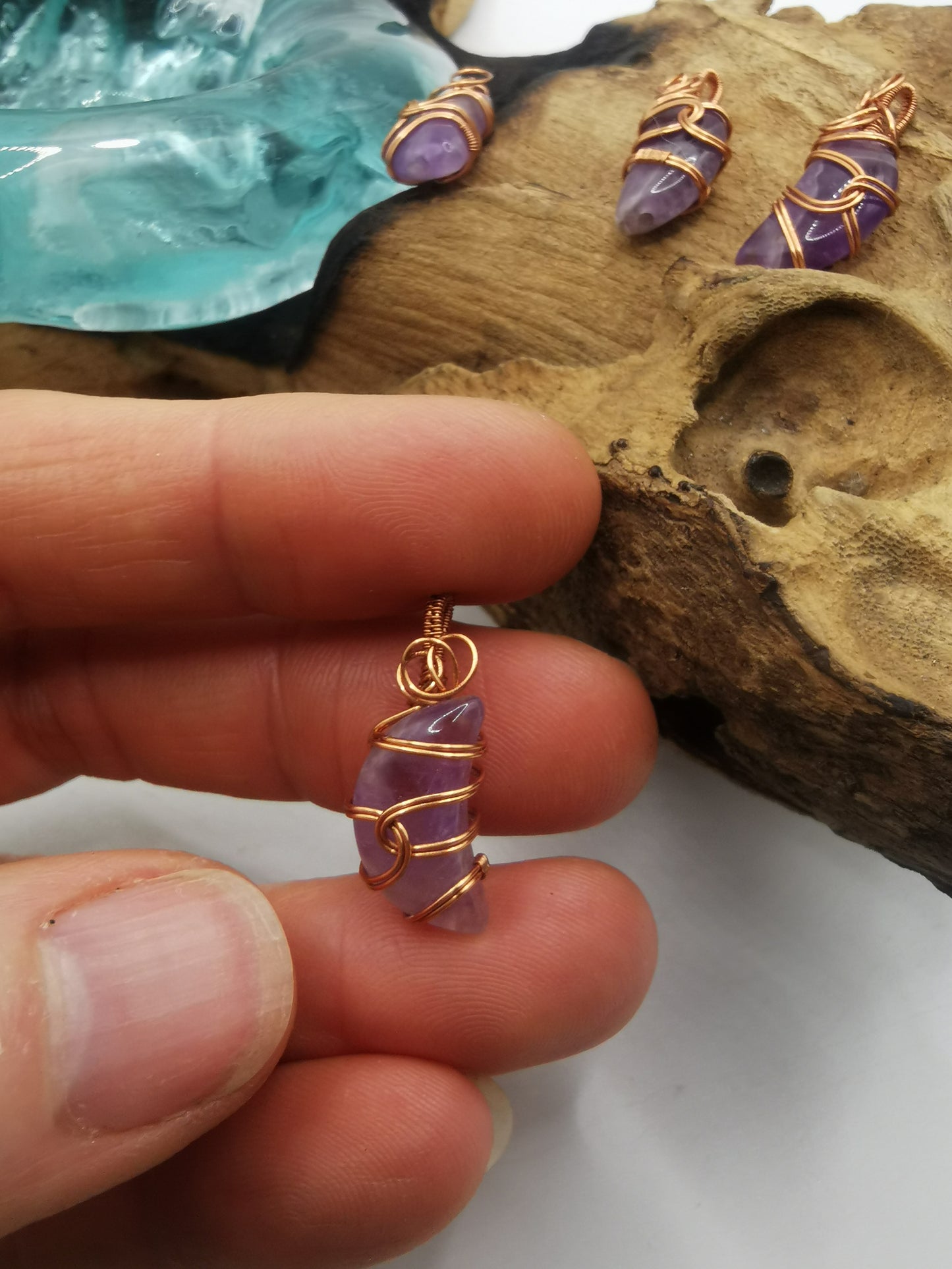 Copper Wire Wrapped Mini Amethyst Moon Crystal Pendant