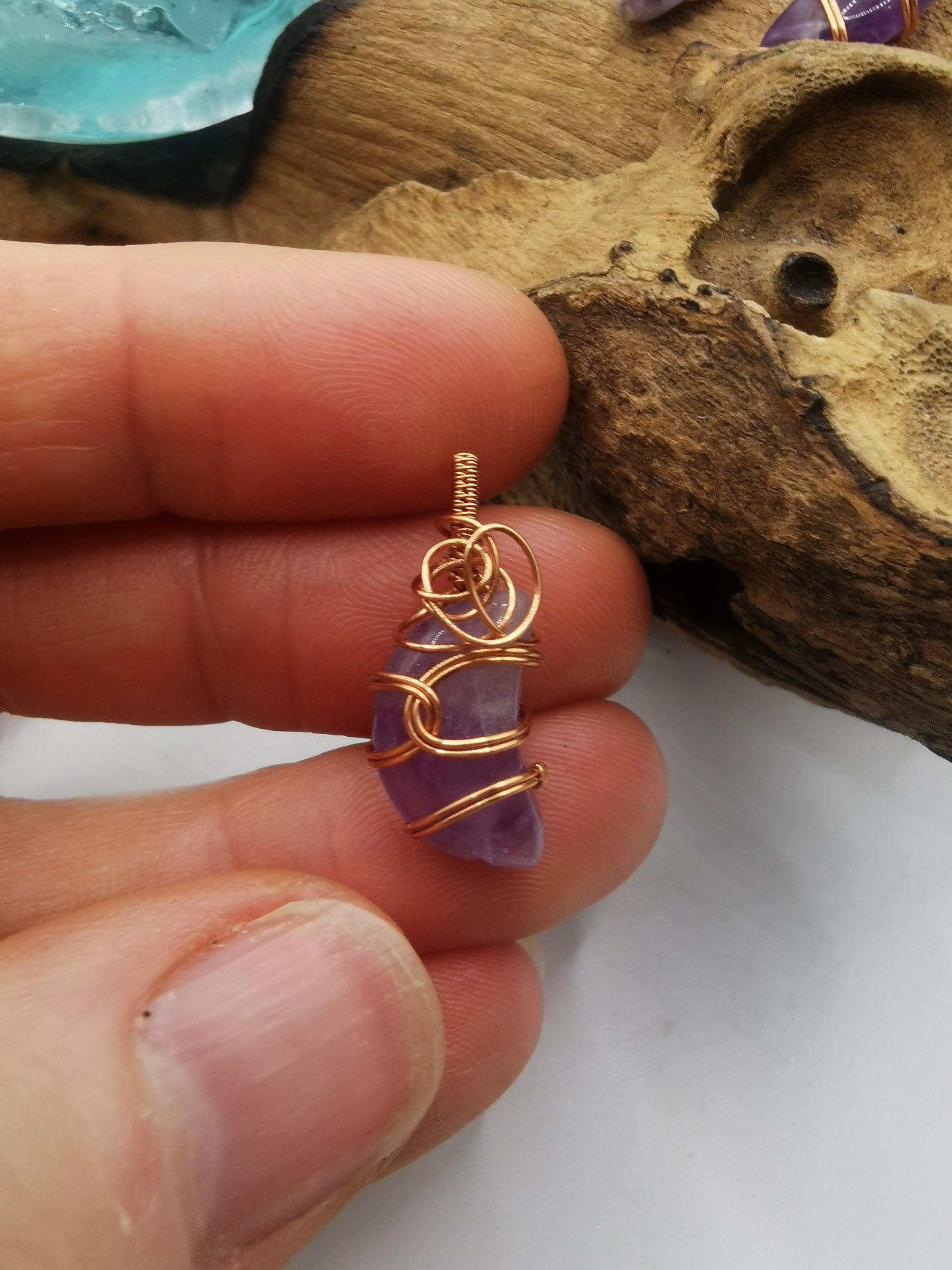 Copper Wire Wrapped Mini Amethyst Moon Crystal Pendant