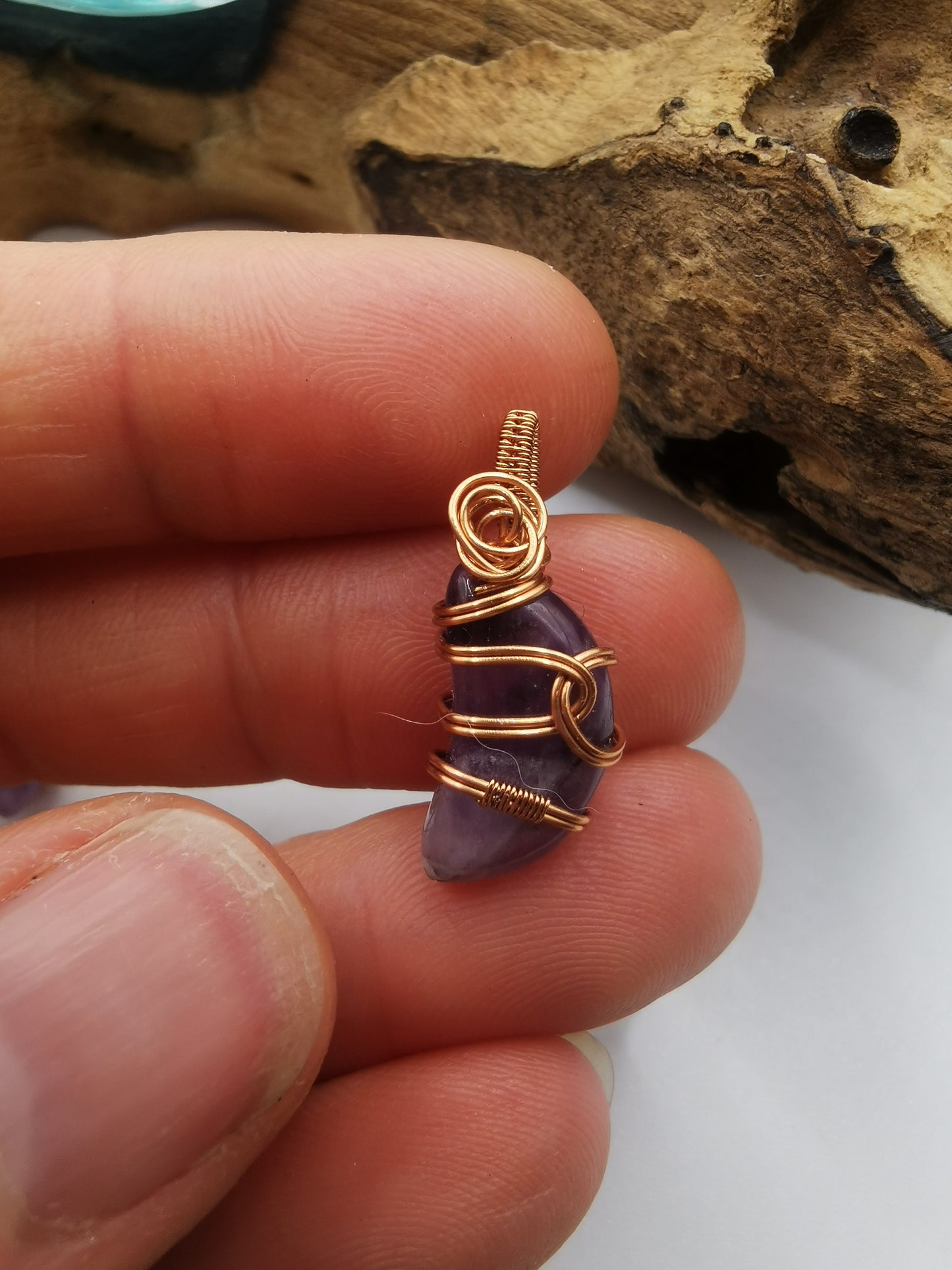 Copper Wire Wrapped Mini Amethyst Moon Crystal Pendant