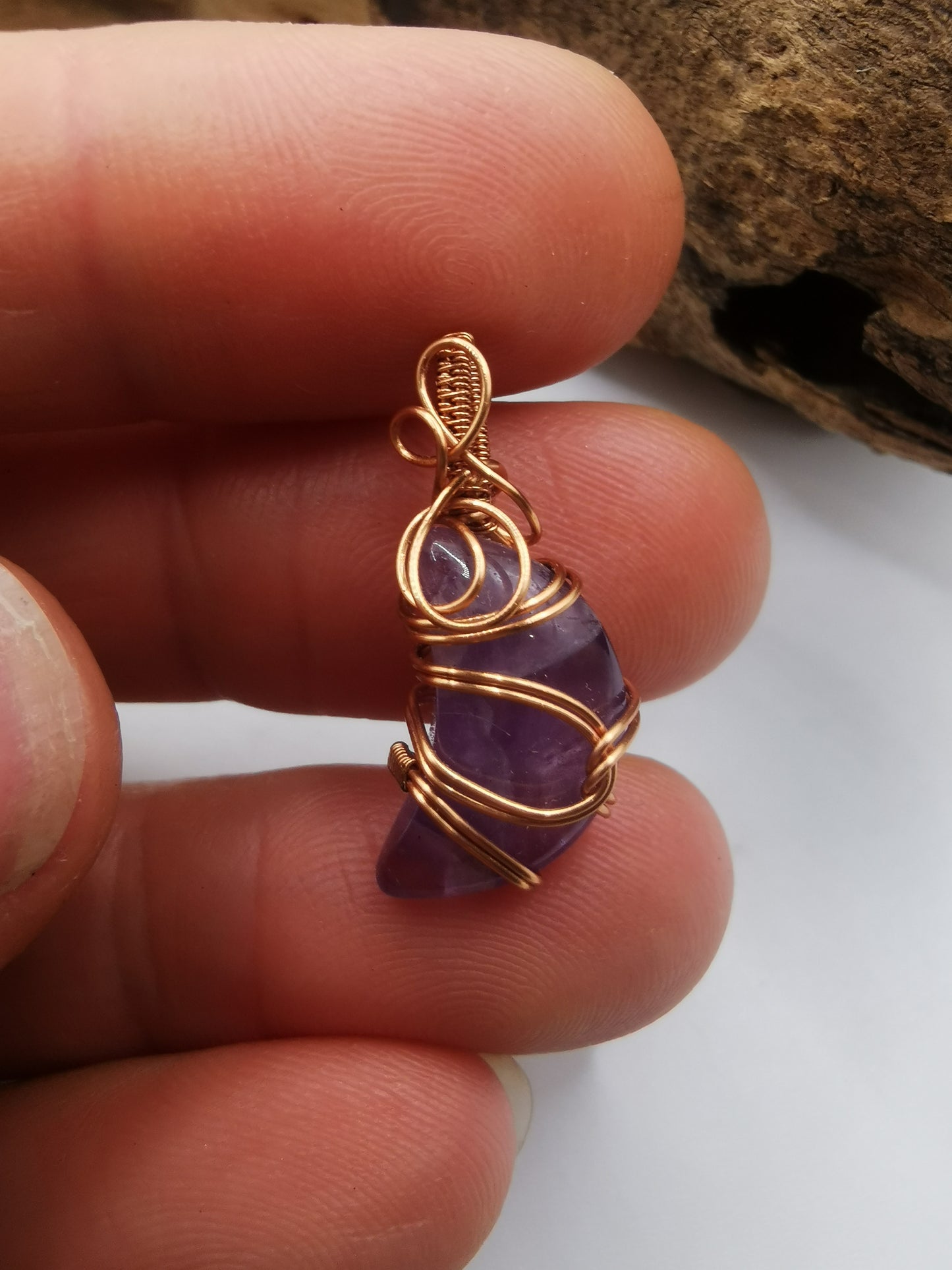 Copper Wire Wrapped Mini Amethyst Moon Crystal Pendant