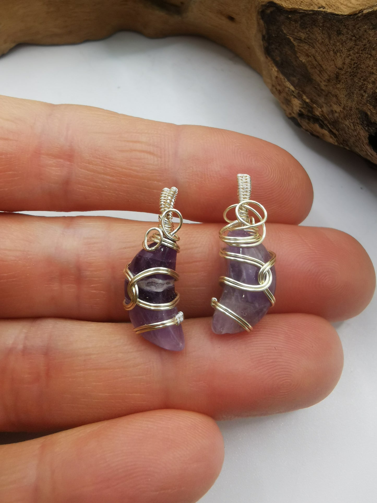 Silver Wire Wrapped Mini Amethyst Moon Crystal Pendant