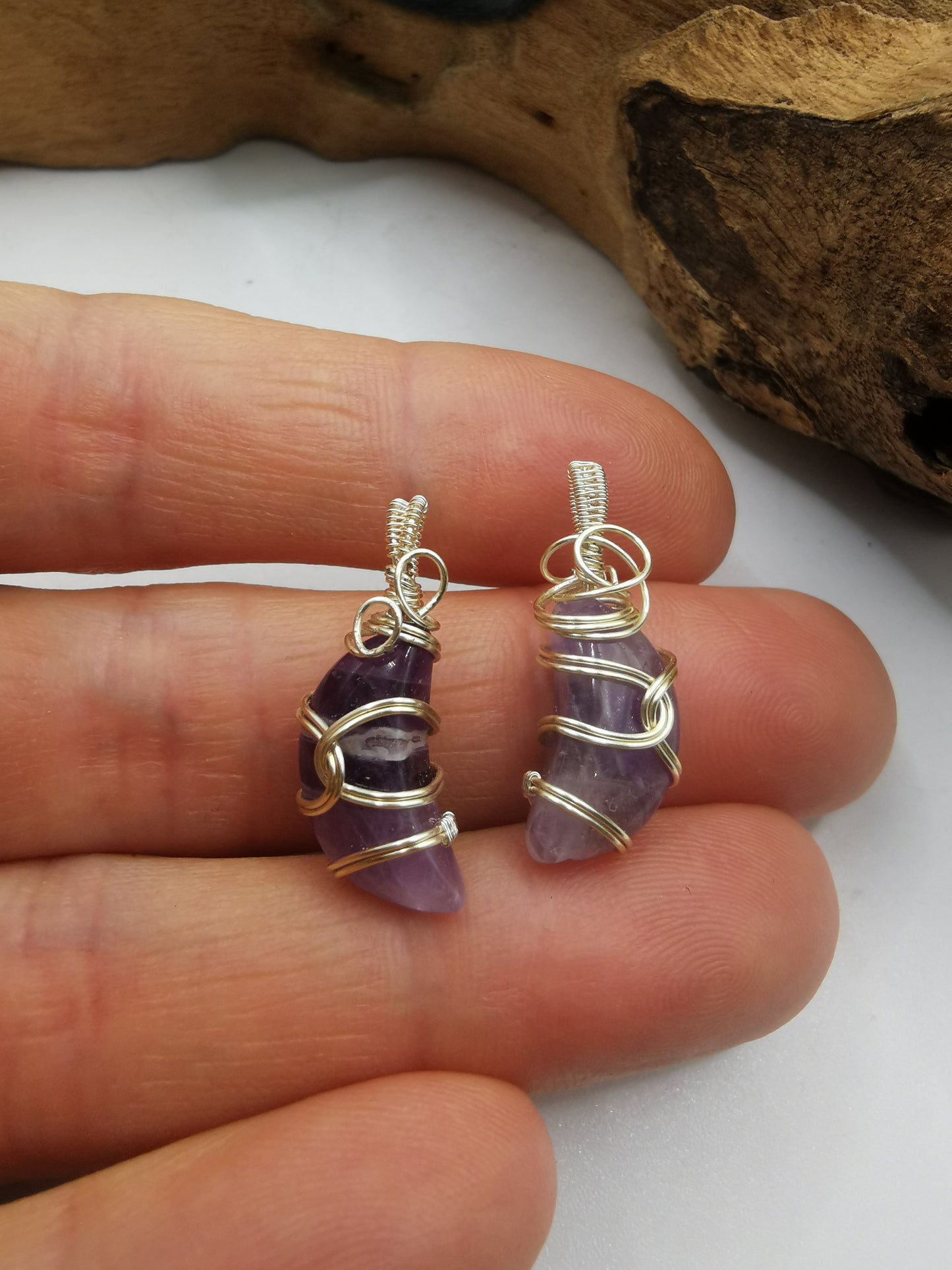 Silver Wire Wrapped Mini Amethyst Moon Crystal Pendant