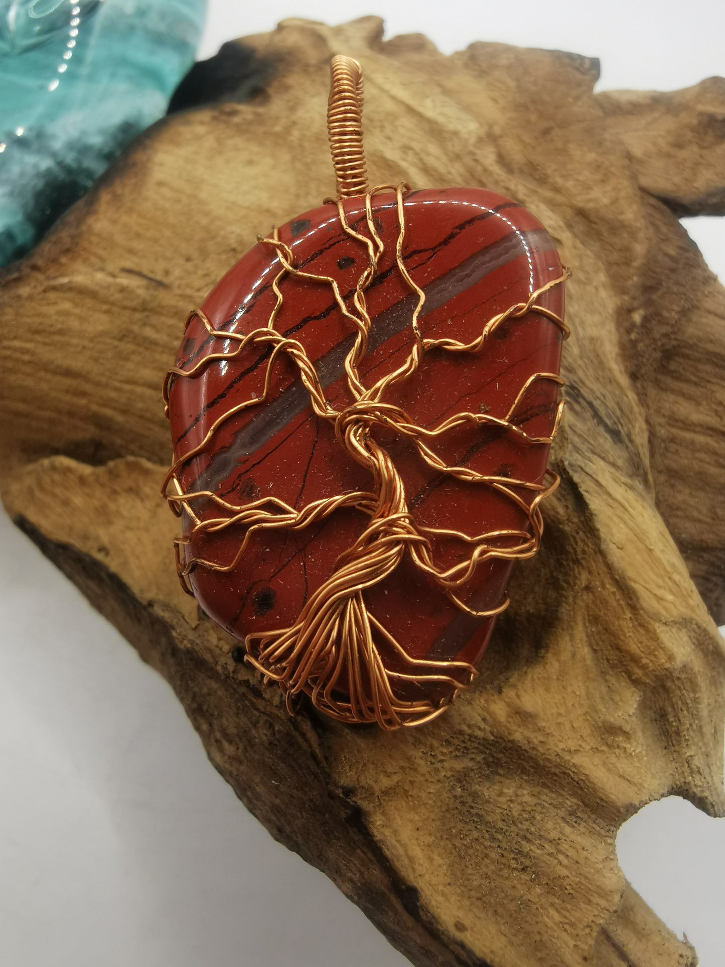 Copper Wire Wrapped Tree Of Life Red Jasper Crystal Pendant