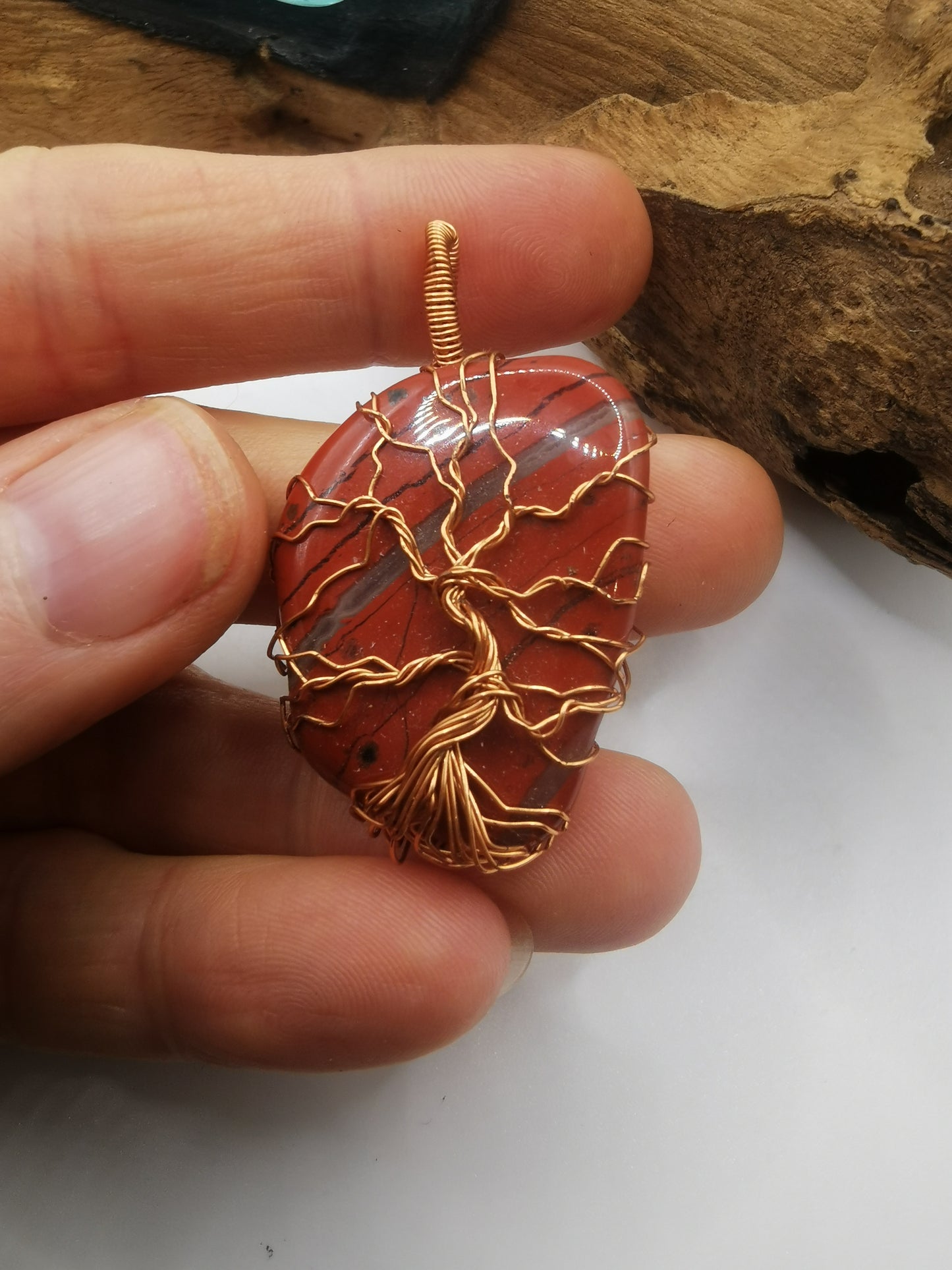 Copper Wire Wrapped Tree Of Life Red Jasper Crystal Pendant