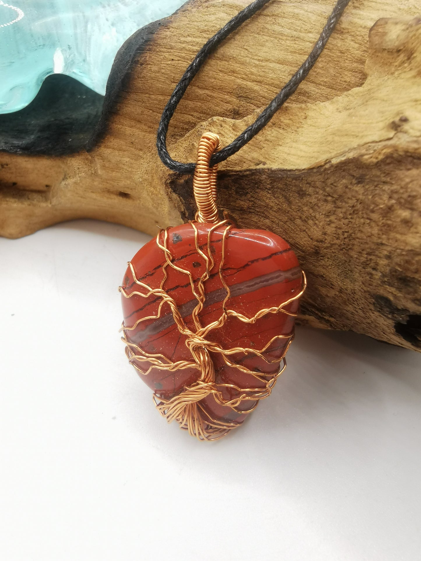 Copper Wire Wrapped Tree Of Life Red Jasper Crystal Pendant