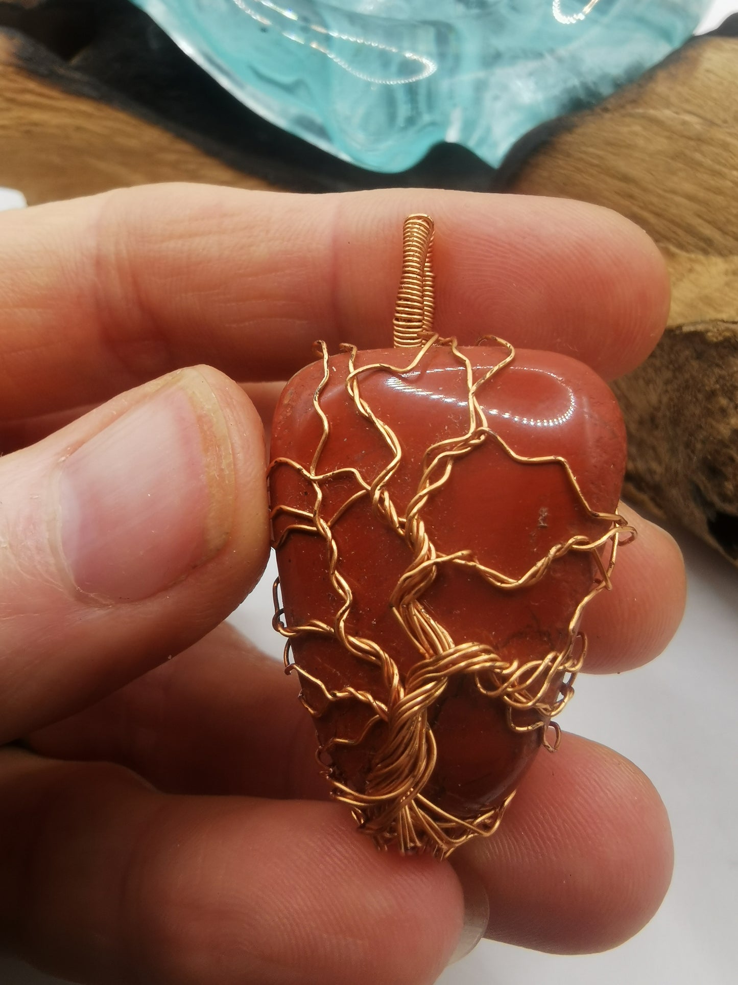 Copper Wire Wrapped Tree Of Life Red Jasper Crystal Pendant