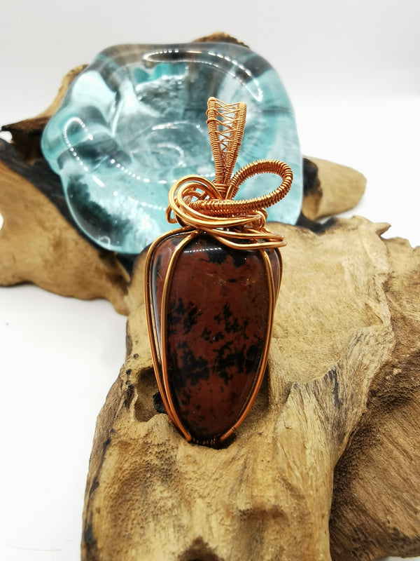 Copper Wire Wrapped Mahogany Obsidian Crystal Pendant
