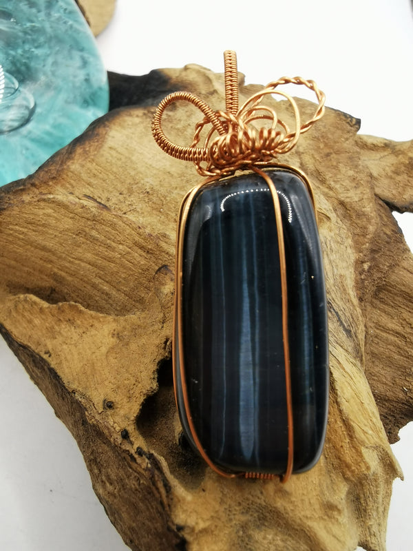 Copper Wire Wrapped Blue Tiger's Eye Crystal Pendant