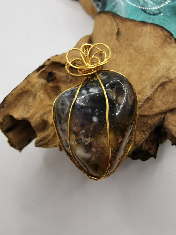 Gold Wire Wrapped Dendrite Opal Crystal Pendant