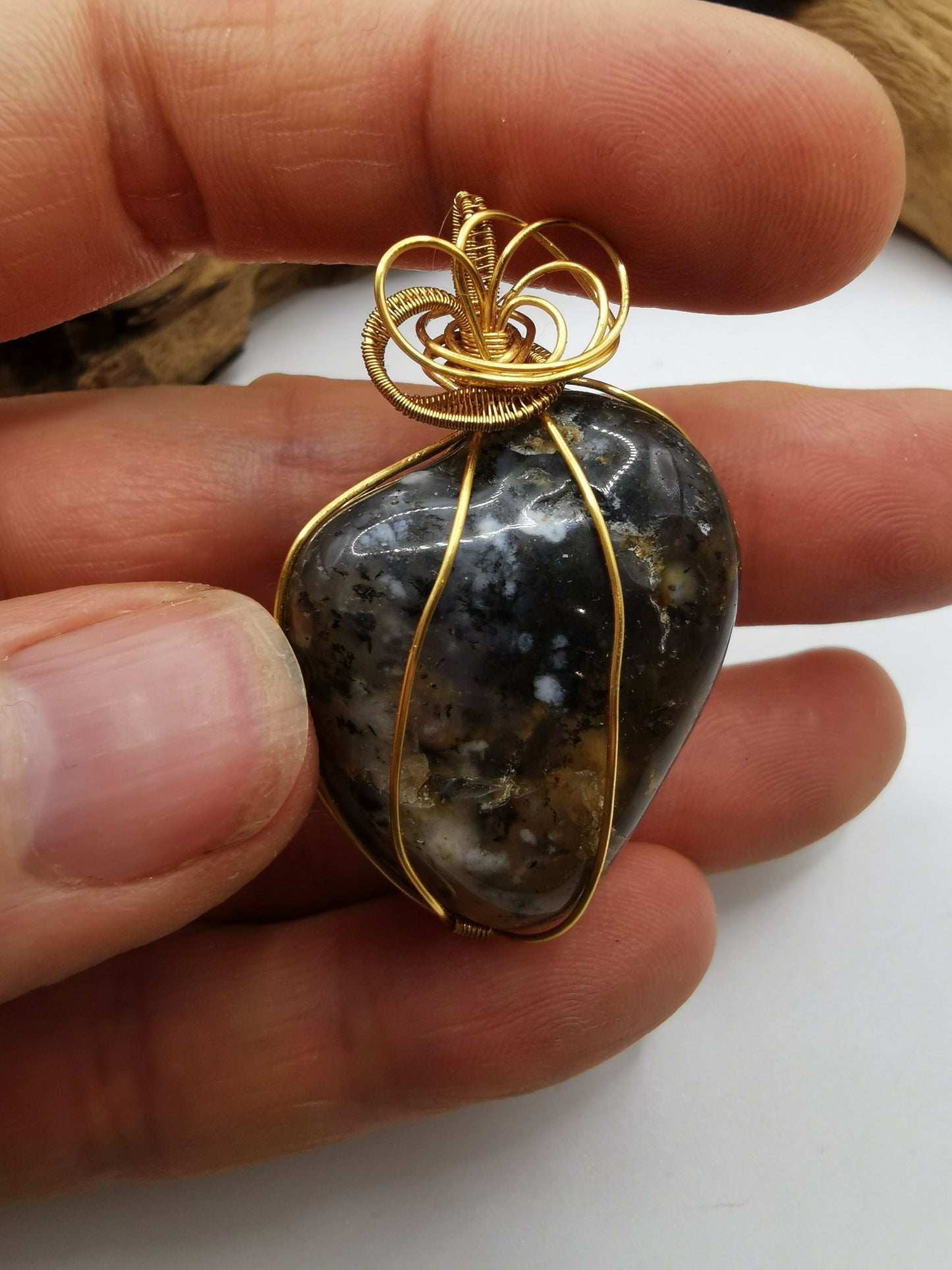 Gold Wire Wrapped Dendrite Opal Crystal Pendant