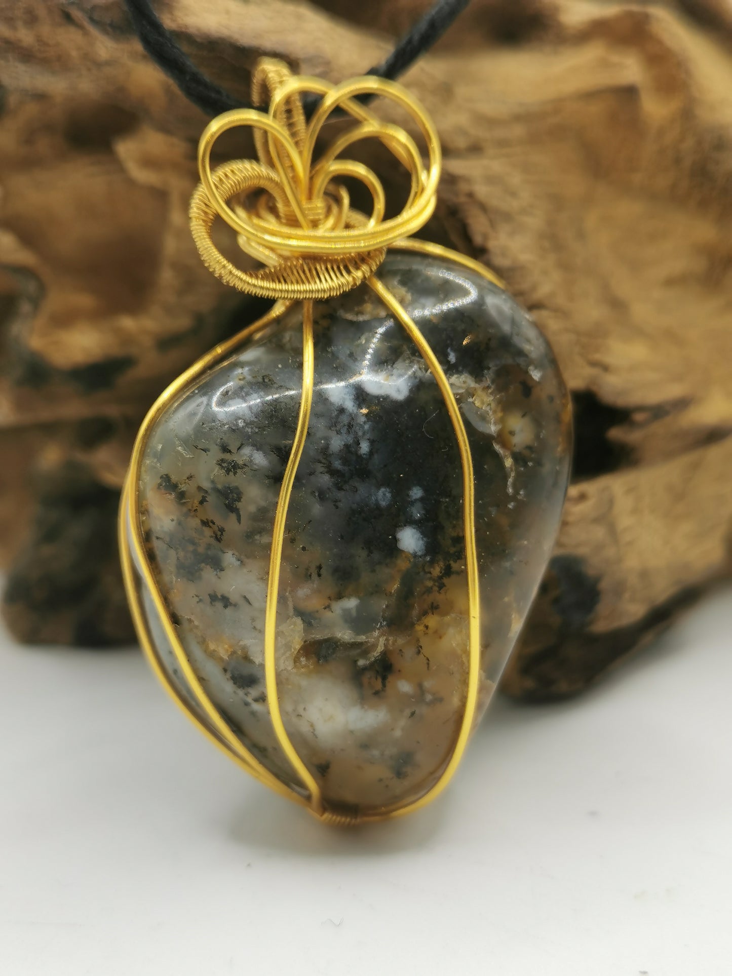 Gold Wire Wrapped Dendrite Opal Crystal Pendant