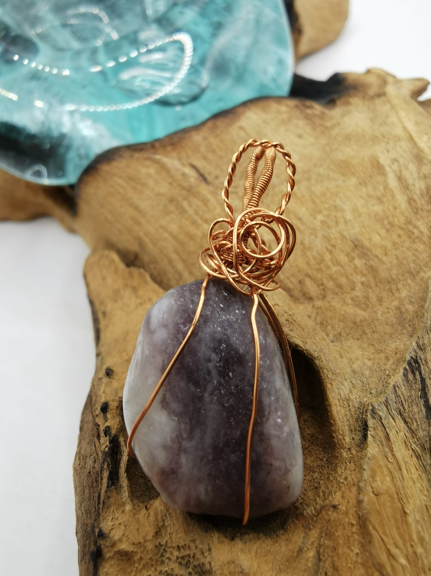 Copper Wire Wrapped Lepidolite Crystal Pendant