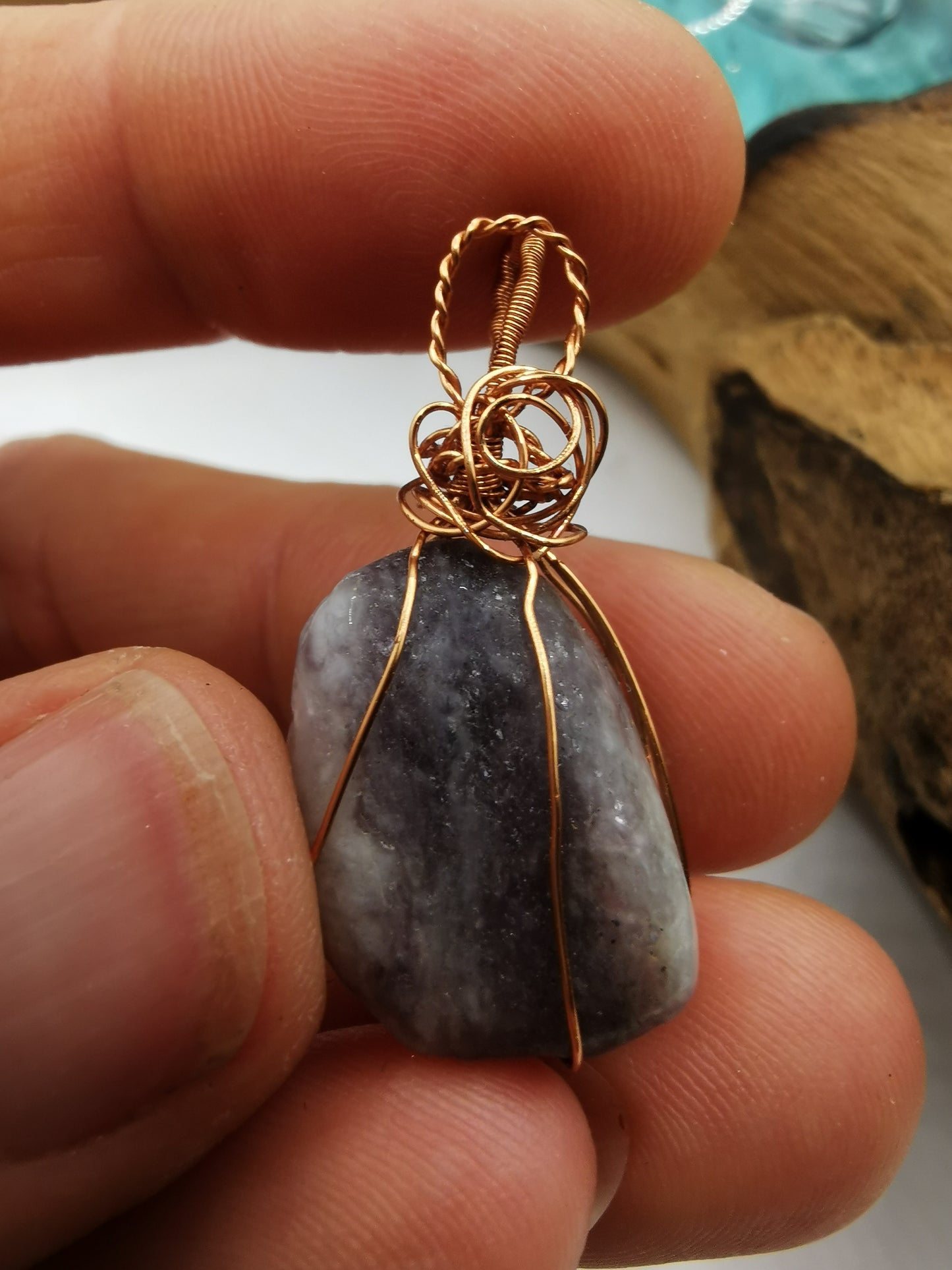 Copper Wire Wrapped Lepidolite Crystal Pendant
