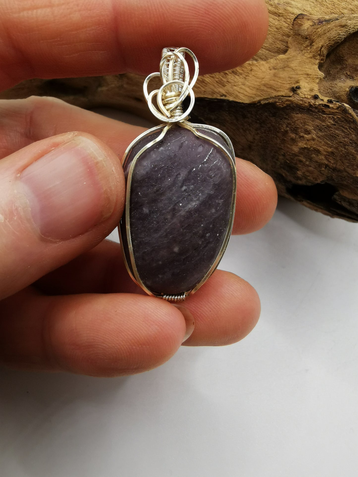 Silver Wire Wrapped Lepidolite Crystal Pendant