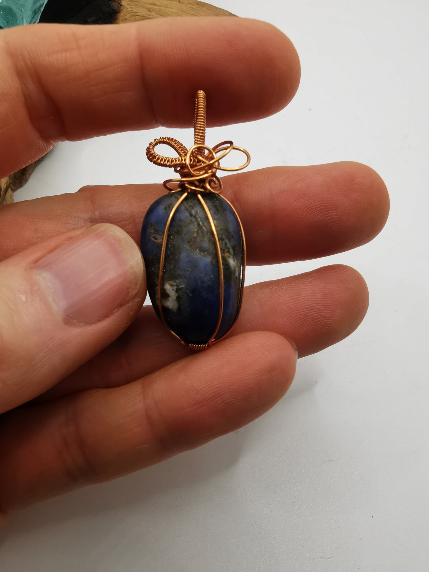 Copper Wire Wrapped Lapis Lazuli Crystal Pendant