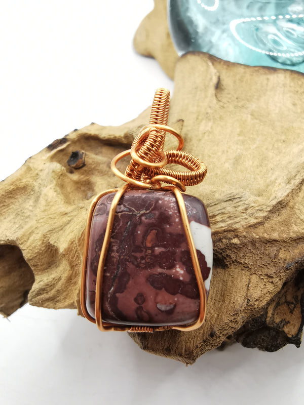 Copper Wire Wrapped Wood Jasper Crystal Pendant